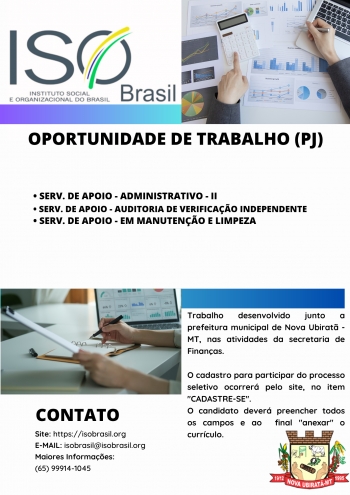 OPORTUNIDADE DE TRABALHO (PJ) - de Nova Ubiratã - MT, nas atividades da secretaria de Finanças.