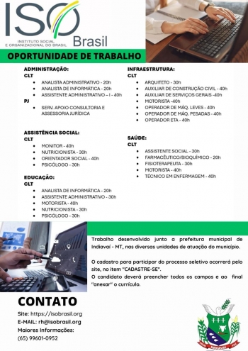 OPORTUNIDADE DE TRABALHO - INDIAVAÍ-MT