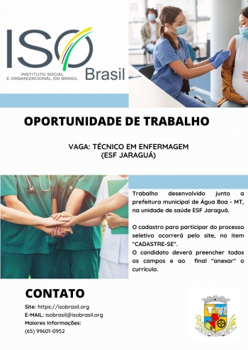 OPORTUNIDADE DE TRABALHO VAGA: TÉCNICO EM ENFERMAGEM (ESF JARAGUÁ)