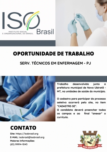 OPORTUNIDADE DE TRABALHO - Nova Ubiratã - MT, na unidades de saúde do município.