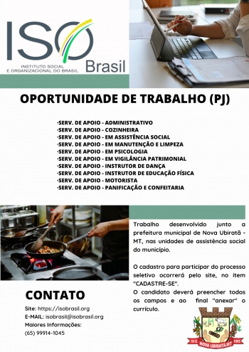 OPORTUNIDADE DE TRABALHO (PJ) - Nova Ubiratã - MT, nas unidades de assistência social do município.