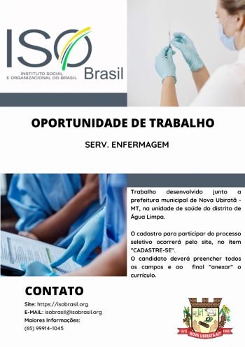 OPORTUNIDADE DE TRABALHO, VAGA: SERV. ENFERMAGEM