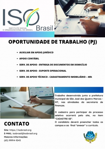 OPORTUNIDADE DE TRABALHO (PJ) - São José dos Quatro Marcos - MT, nas atividades da secretaria de finanças