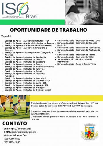 OPORTUNIDADE DE TRABALHO - Água Boa - MT
