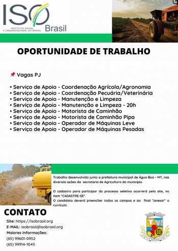 OPORTUNIDADE DE TRABALHO - Água Boa - MT