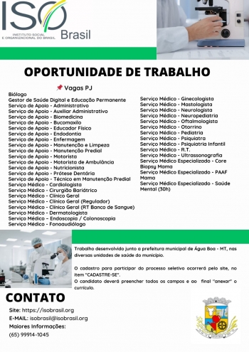 OPORTUNIDADE DE TRABALHO - Água Boa - MT