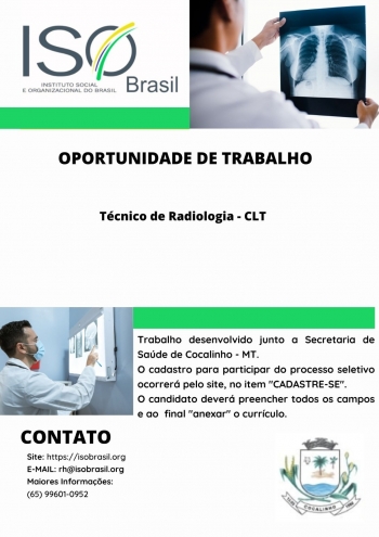 OPORTUNIDADE DE TRABALHO - Técnico de Radiologia - CLT - Cocalinho - MT