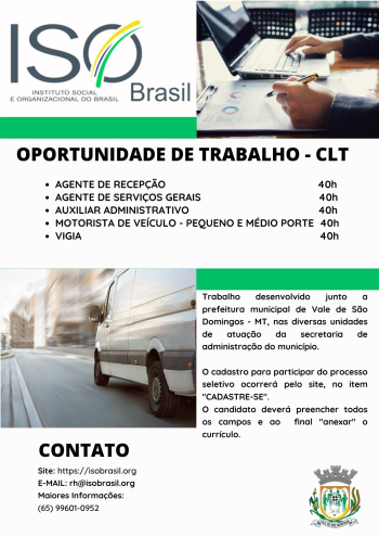 OPORTUNIDADE DE TRABALHO - CLT - Vale de S&atilde;o Domingos - MT, nas diversas unidades de atua&ccedil;&atilde;o da secretaria de administra&ccedil;&atilde;o do munic&iacute;pio