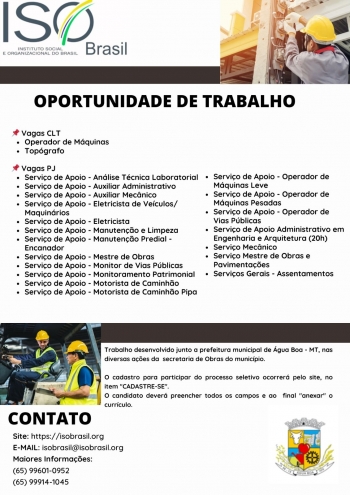 OPORTUNIDADE DE TRABALHO - Água Boa - MT