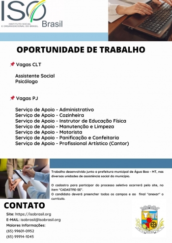 OPORTUNIDADE DE TRABALHO - Água Boa - MT