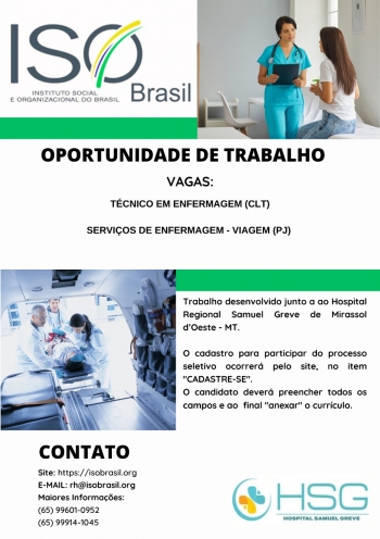 OPORTUNIDADE DE TRABALHO - Mirassol d&#039;Oeste - MT.