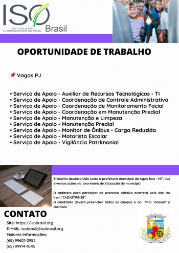 OPORTUNIDADE DE TRABALHO - Água Boa - MT