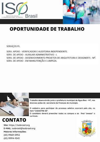 OPORTUNIDADE DE TRABALHO - &Aacute;gua Boa - MT, nas diversas a&ccedil;&otilde;es da secretaria de Finan&ccedil;as do munic&iacute;pio