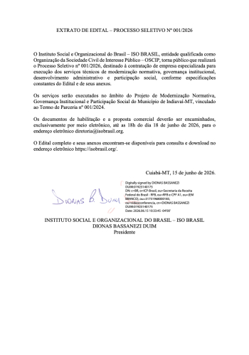 EXTRATO DE EDITAL &ndash; PROCESSO SELETIVO N&ordm; 001/2026 - Munic&iacute;pio de Indiava&iacute;-MT