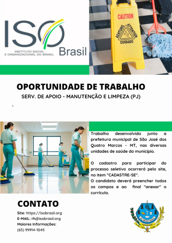 OPORTUNIDADE DE TRABALHO - S&atilde;o Jos&eacute; dos Quatro Marcos - MT, nas diversas unidades de sa&uacute;de do munic&iacute;pio