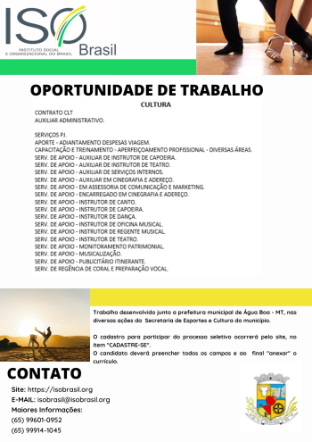 OPORTUNIDADE DE TRABALHO - &Aacute;gua Boa - MT, nas diversas a&ccedil;&otilde;es da Secretaria de Esportes e Cultura do munic&iacute;pio